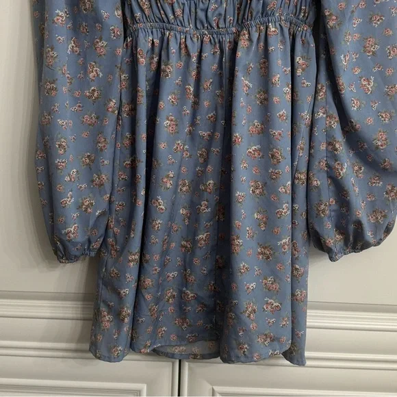 Streetwear Society Medium Blue Long Sleeve V-Neck Mini Dress w/Pink Floral Print - Picture 7 of 8